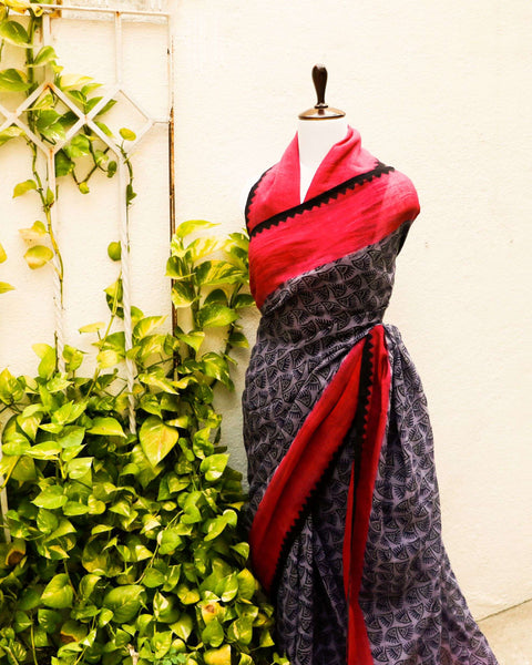 Pure Handloom Purple and Pink with Black Prints  Linen  Saree
