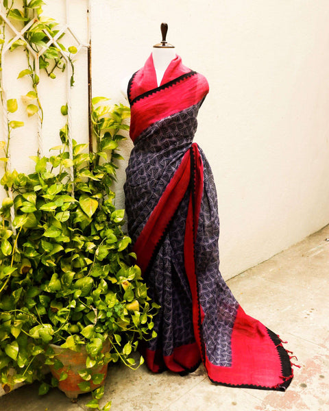 Pure Handloom Purple and Pink with Black Prints  Linen  Saree