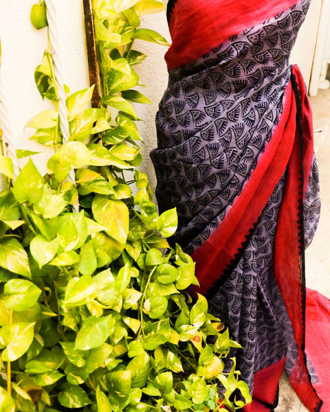 Pure Handloom Purple and Pink with Black Prints  Linen  Saree