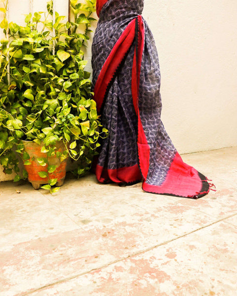 Pure Handloom Purple and Pink with Black Prints  Linen  Saree
