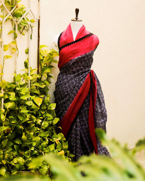 Pure Handloom Purple and Pink with Black Prints  Linen  Saree