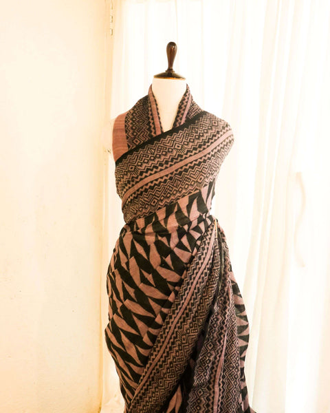 Pure Handloom Black with Light Purple Linen Saree
