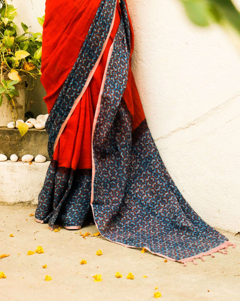 Pure Handloom Tomato Pink Linen  Saree