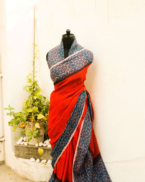 Pure Handloom Tomato Pink Linen  Saree