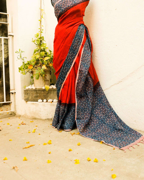 Pure Handloom Tomato Pink Linen  Saree