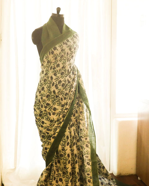 Pure Handloom Olive Green Designer linen sarees