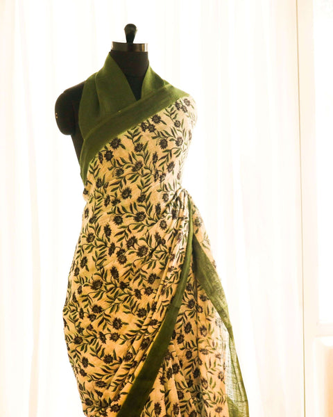 Pure Handloom Olive Green Designer linen sarees