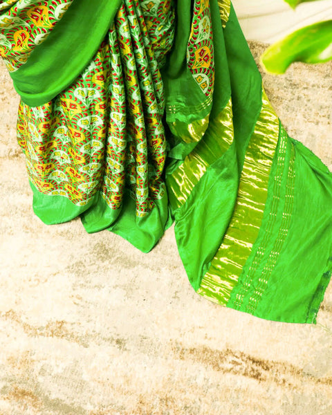 Pure Handloom Parakeet Green Gaji Silk Saree