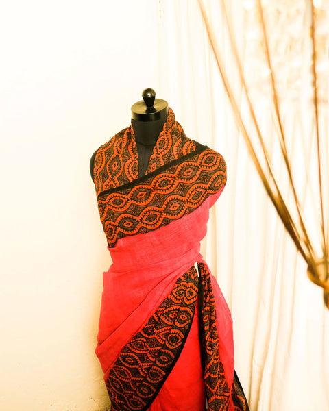 Pure Handloom Peach Linen Saree