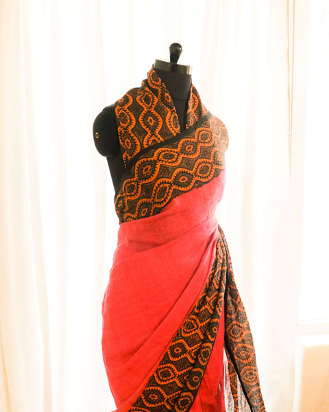Pure Handloom Peach Linen Saree