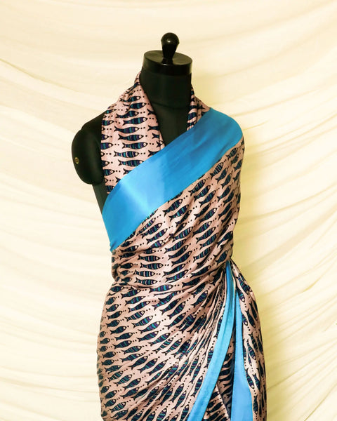 Pure Handloom Peach with Sky Blue Gaji Silk Saree