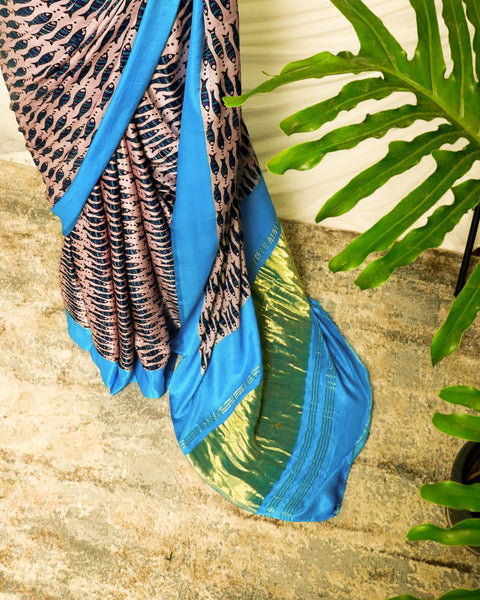 Pure Handloom Peach with Sky Blue Gaji Silk Saree