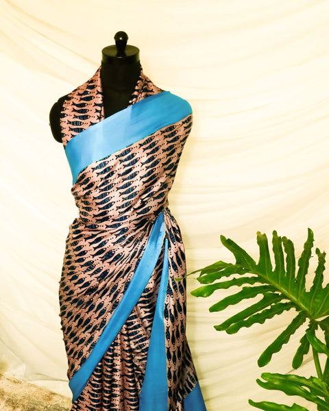 Pure Handloom Peach with Sky Blue Gaji Silk Saree