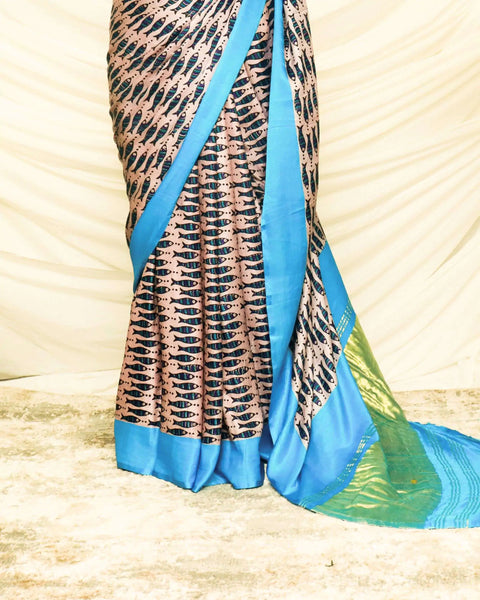 Pure Handloom Peach with Sky Blue Gaji Silk Saree