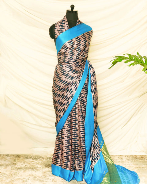 Pure Handloom Peach with Sky Blue Gaji Silk Saree
