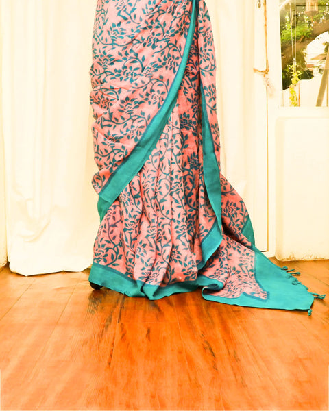 Pure Handloom Peach with Skyblue Linen Saree