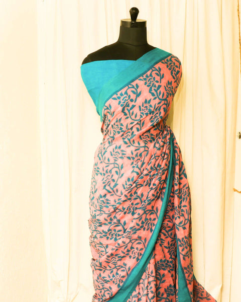 Pure Handloom Peach with Skyblue Linen Saree