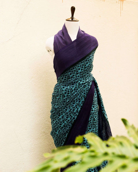 Pure Handloom Sky Blue with Violet Linen Saree