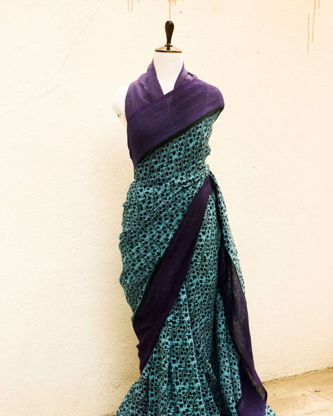 Pure Handloom Sky Blue with Violet Linen Saree
