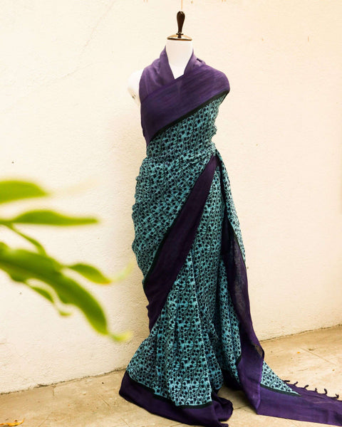 Pure Handloom Sky Blue with Violet Linen Saree