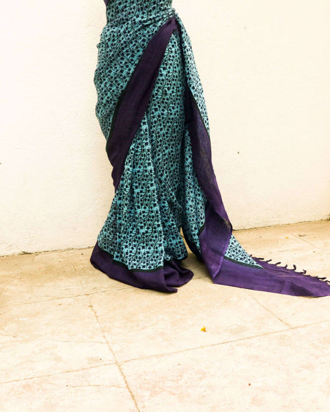 Pure Handloom Sky Blue with Violet Linen Saree