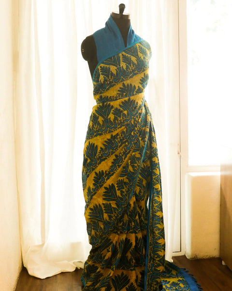 Pure Handloom Yellow with Blue Linen Saree