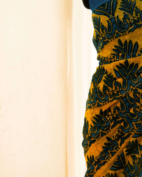Pure Handloom Yellow with Blue Linen Saree