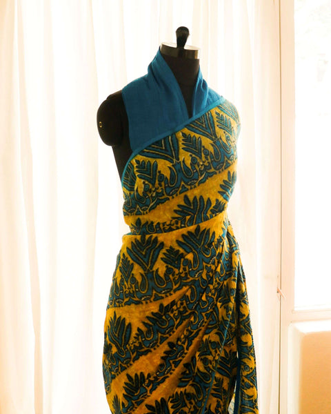 Pure Handloom Yellow with Blue Linen Saree