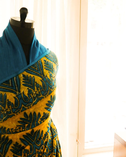 Pure Handloom Yellow with Blue Linen Saree