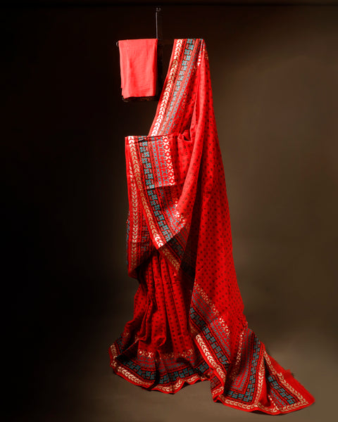 Red Printed Kota Cotton Saree, Full details 