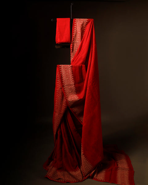 Red with Off-White Border Printed Kota Cotton Saree, full details