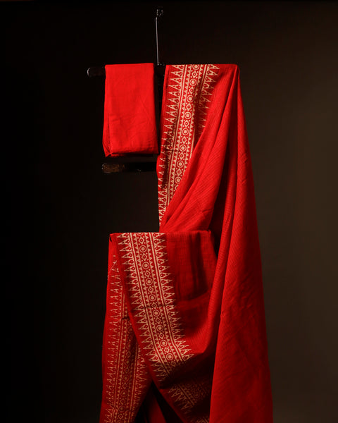 Red with Off-White Border Printed Kota Cotton Saree, close up