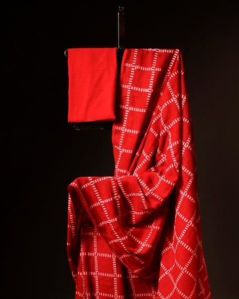 Red with white checked Kota Cotton Saree, close up