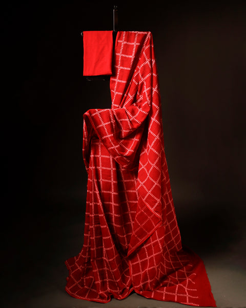 Red with white checked Kota Cotton Saree, full details