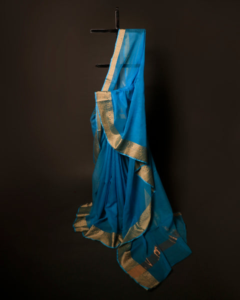 Sapphire Simplicity Blue Kota Cotton Zari Plain Saree, Long shot 