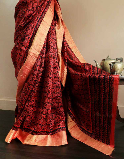 Pure Hand Block Printed Red and Black Duppion Silk Sarees