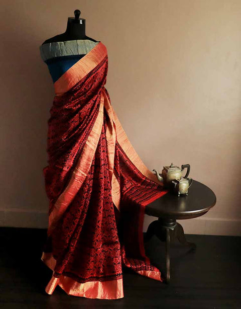 Pure Hand Block Printed Red and Black Duppion Silk Sarees