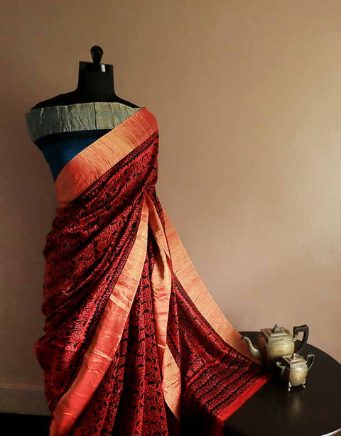 Pure Hand Block Printed Red and Black Duppion Silk Sarees