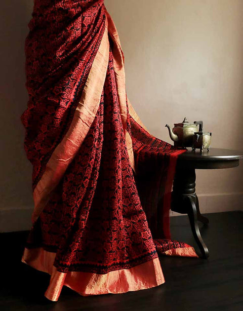 Pure Hand Block Printed Red and Black Duppion Silk Sarees