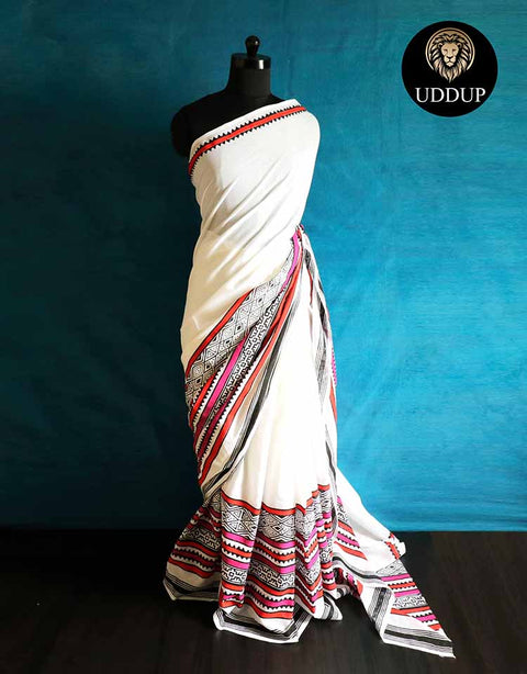 White Hand  Block  Printed Pure Mul Cotton Saree