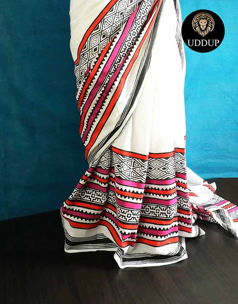 White Hand  Block  Printed Pure Mul Cotton Saree