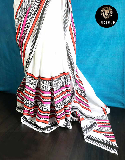 White Hand  Block  Printed Pure Mul Cotton Saree