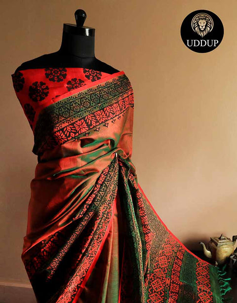 Pure Handloom Emerald Green and Orange Silk Cotton Saree