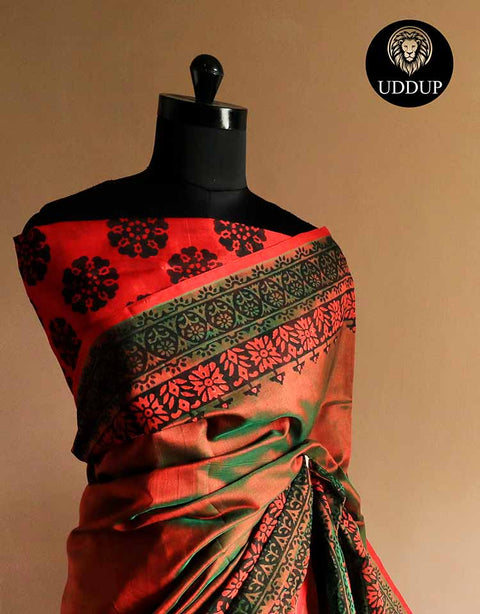 Pure Handloom Emerald Green and Orange Silk Cotton Saree