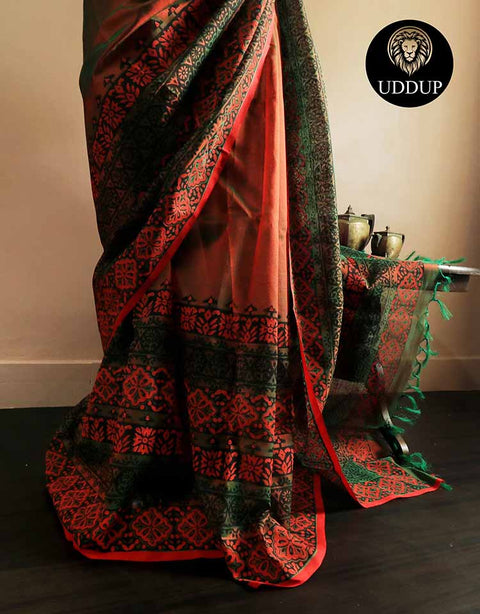 Pure Handloom Emerald Green and Orange Silk Cotton Saree