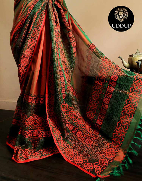 Pure Handloom Emerald Green and Orange Silk Cotton Saree