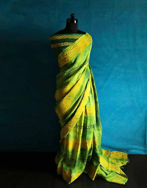 Pure Hand Block Pigment Printed olive green Linen Saree