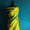 Pure Hand Block Pigment Printed olive green Linen Saree
