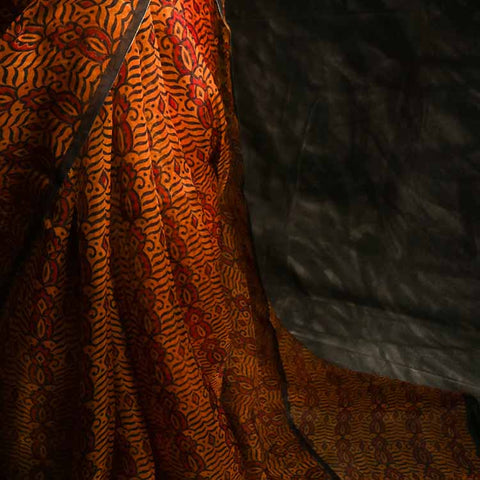 Pure Apricot and Black Handloom Organza Silk Saree