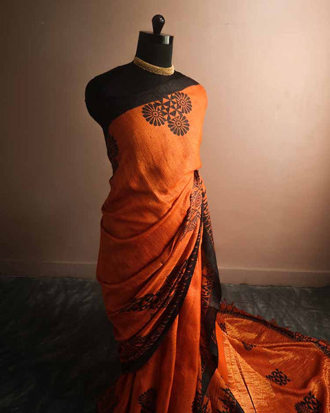 Pure Handloom Hand Block Printed Orange Line Tussar Silk Saree